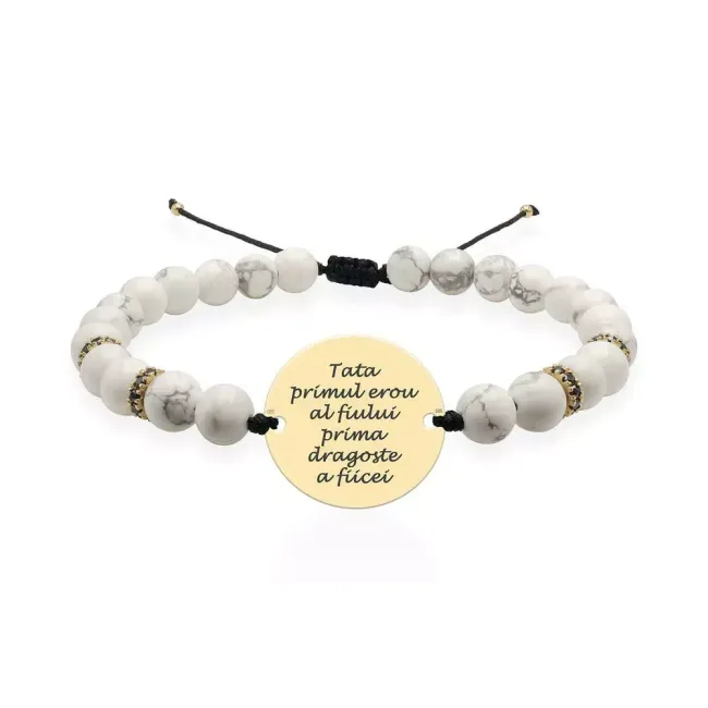 Bratara Aur barbati,discuri cu zirconiu negru, pietre semipretioase howlit si banut, personalizata (20 mm)