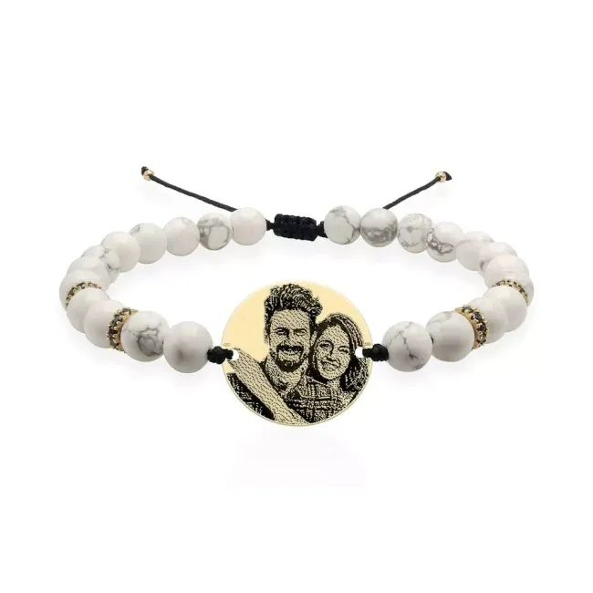 Bratara Aur barbati,discuri cu zirconiu negru, pietre semipretioase howlit si banut, personalizata cu poza (20 mm)