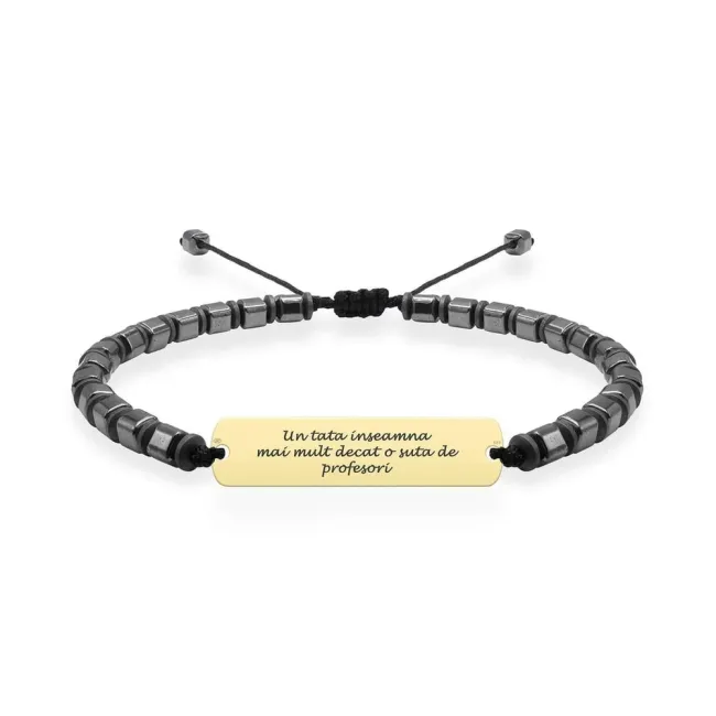 Bratara Aur barbati, pietre semipretioase hematit si placuta, personalizata (33mm)