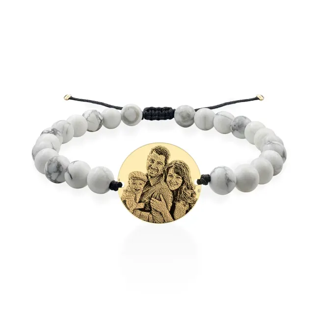 Bratara Aur 14K Premium barbati, pietre semipretioase howlit alb si banut mare, personalizata cu poza (20 mm)
