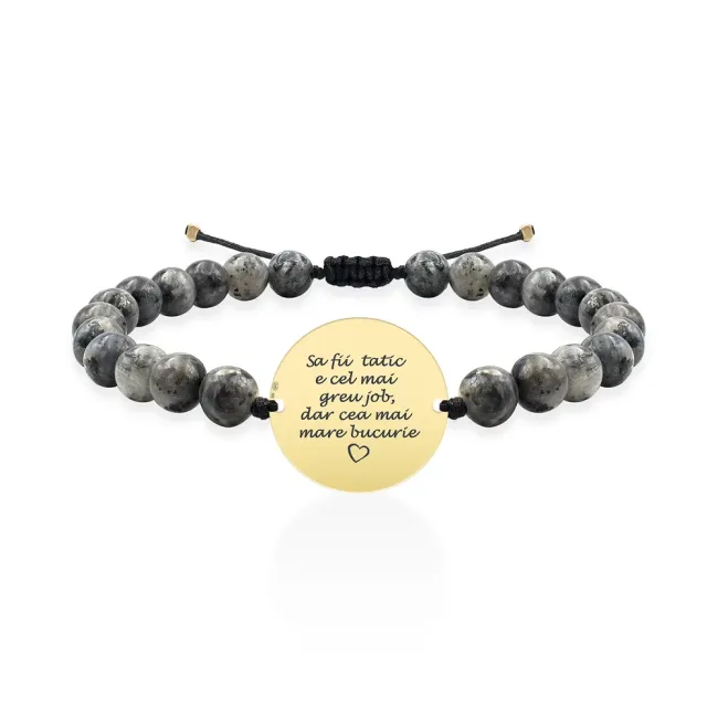 Bratara Aur 14K Premium barbati, pietre semipretioase labradorit negru si banut mare, personalizata (20 mm)