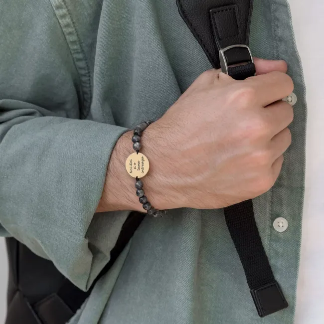 Bratara Aur 14K Premium barbati, pietre semipretioase labradorit negru si banut mare, personalizata (20 mm)
