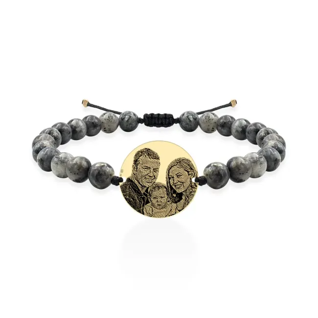 Bratara Aur 14K Premium barbati, pietre semipretioase labradorit negru si banut mare, personalizata cu poza (20 mm)