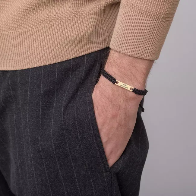 Bratara Aur 14K Premium barbati, snur gros impletit si placuta, personalizata (25 mm)