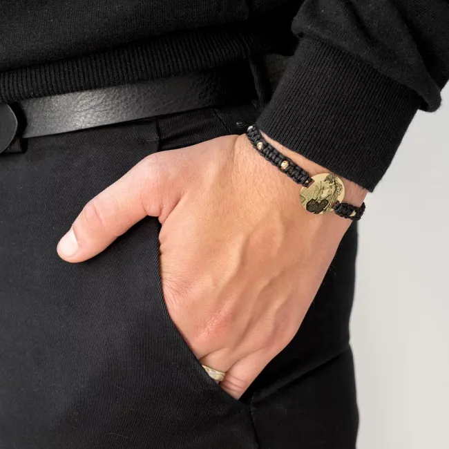 Bratara Aur 14K Premium de barbat snur impletit cu bilute si banut mare, personalizata cu poza (22 mm)