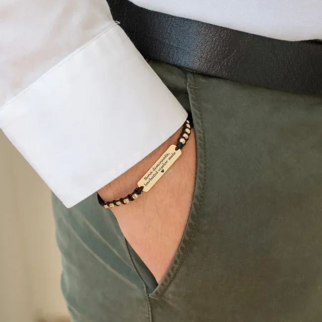 Bratara Aur 14K Premium de barbat, snur impletit cu bilute si placuta mare, personalizata (33 mm)