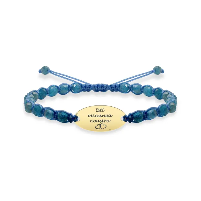 Bratara Aur 14K Premium bebe baietel, pietre semipretioase apatit albastru si oval mediu, personalizata (15 mm)
