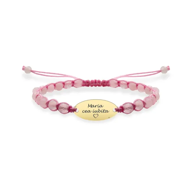 Bratara Aur 14K Premium bebe fetita, pietre semipretioase cuart roz si oval mediu, personalizata (15 mm)