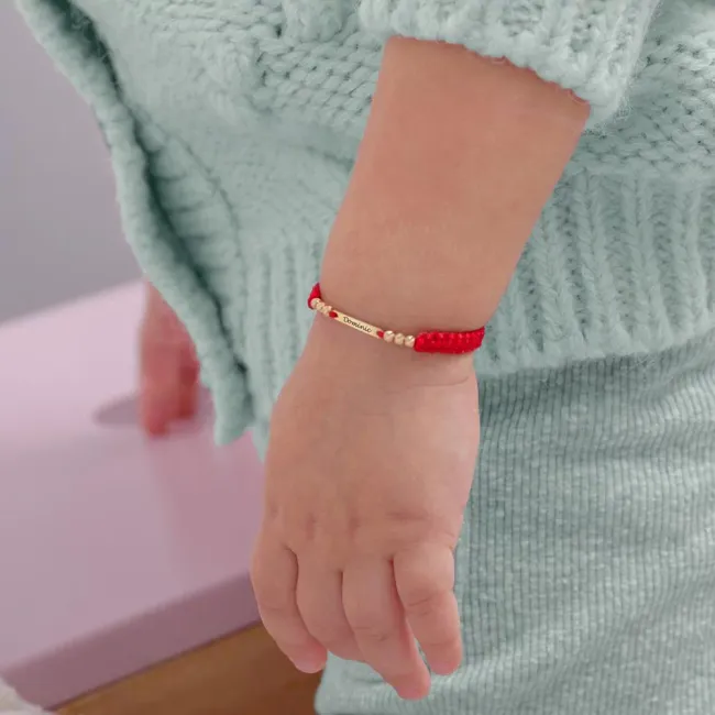 Bratara Aur 14K Premium bebe si copil baietel, snur impletit cu bilute si placuta mica, personalizata (14 mm)
