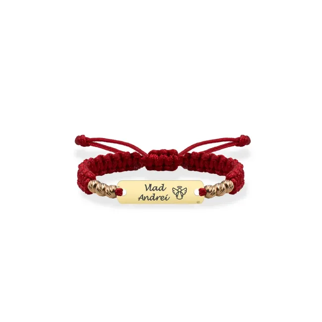 Bratara Aur 14K Premium bebe si copil baietel, snur impletit cu bilute si placuta medie, personalizata (16 mm)