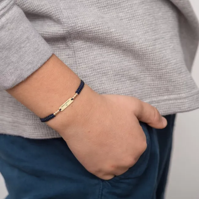 Bratara Aur 14K Premium bebe si copil baietel, snur impletit cu bilute si placuta medie, personalizata (16 mm)