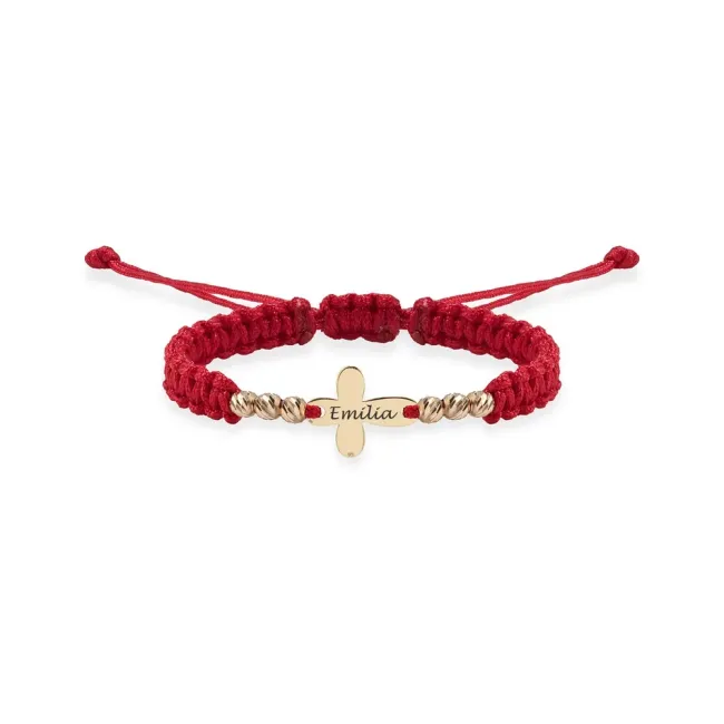 Bratara Aur 14K Premium bebelusi, snur impletit cu bilute si cruce mica, personalizata (10 mm)