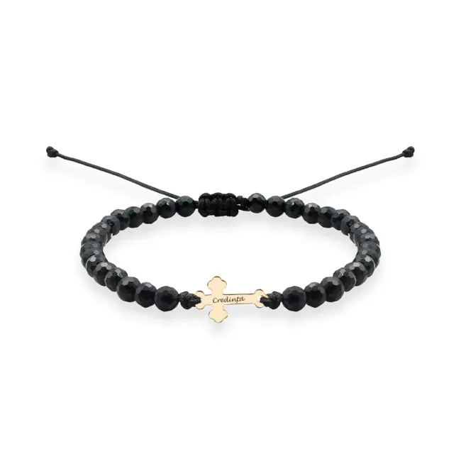 Bratara Aur, bilute onix si cruce, personalizata (12 mm)
