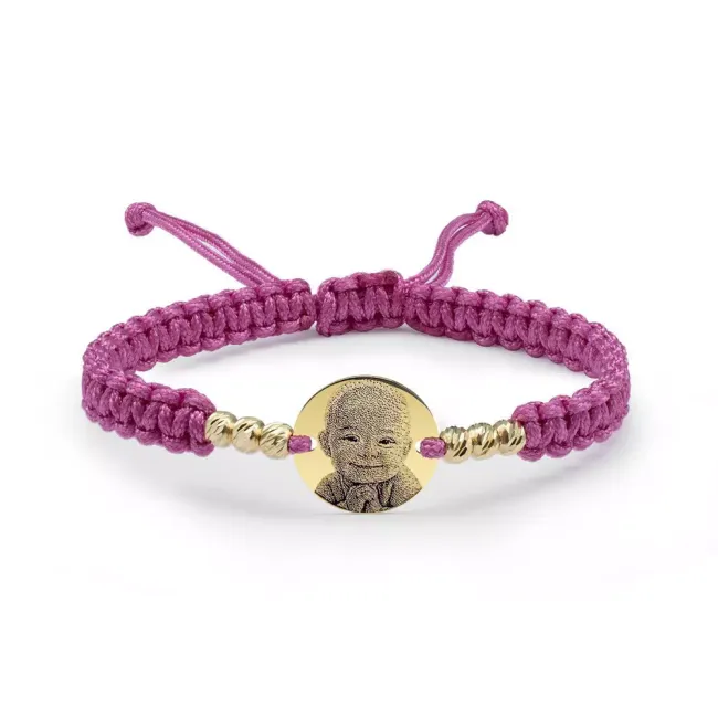 Bratara Aur 14K Premium copii, snur impletit cu bilute si banut mic, 10 mm, personalizata cu poza (chipul bebelusului)