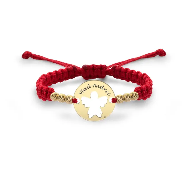 Bratara Aur 14K Premium copii, snur impletit cu bilute si banut mic ingeras, personalizata (10 mm)