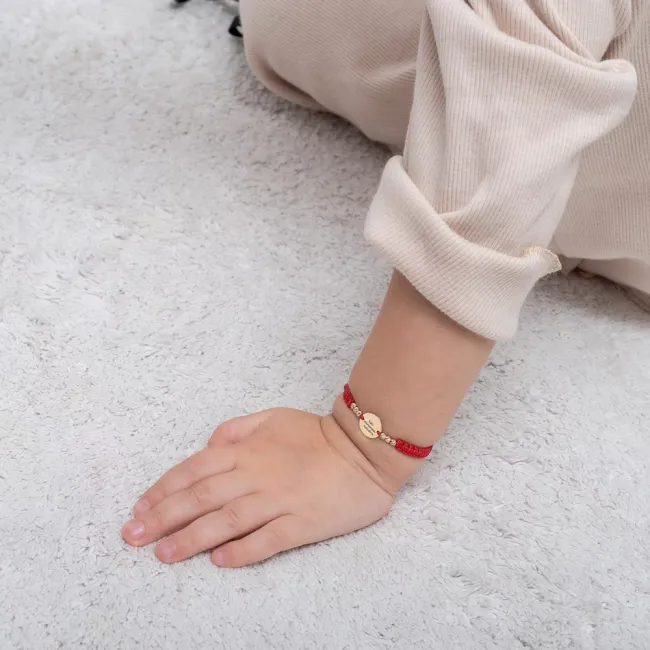 Bratara Aur 14K Premium copii, snur impletit cu bilute si banut mic, personalizata (10 mm)