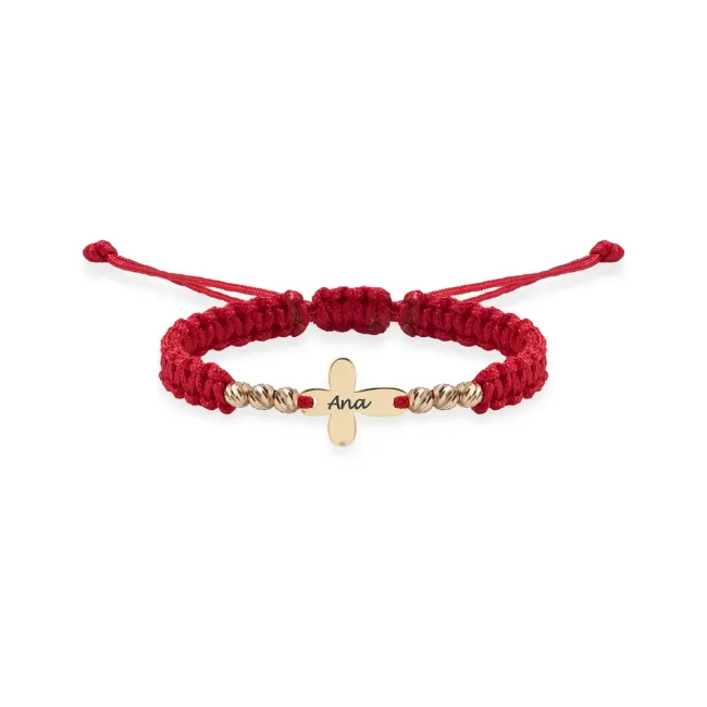 Bratara Aur 14K Premium de copii, snur impletit cu bilute si cruce mica, personalizata (10 mm)