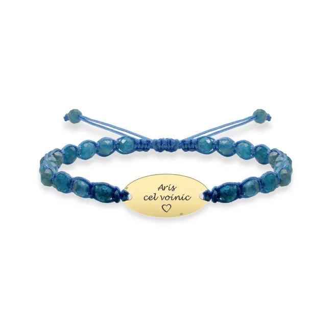 Bratara Aur 14K Premium copil baietel, pietre semipretioase apatit albastru si oval mediu, personalizata (15 mm)