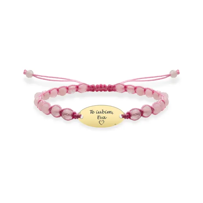 Bratara Aur 14K Premium copil fetita, pietre semipretioase cuart roz si oval mediu, personalizata (15 mm)