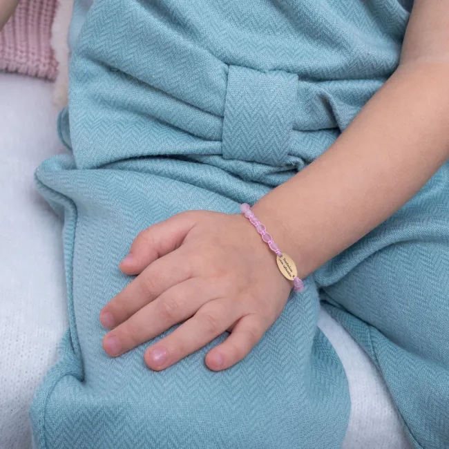 Bratara Aur 14K Premium copil fetita, pietre semipretioase cuart roz si oval mediu, personalizata (15 mm)