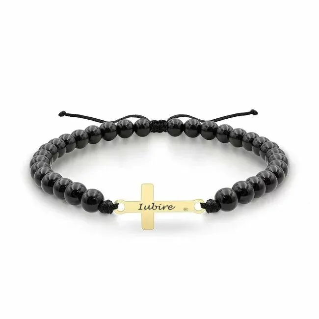 Bratara Aur 14K Premium dama, bilute onix si cruce mare, personalizata (16 mm)