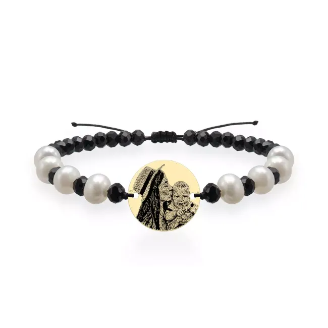 Bratara Aur dama, mix onix fatetat, perle si banut, personalizata cu poza (15 mm)