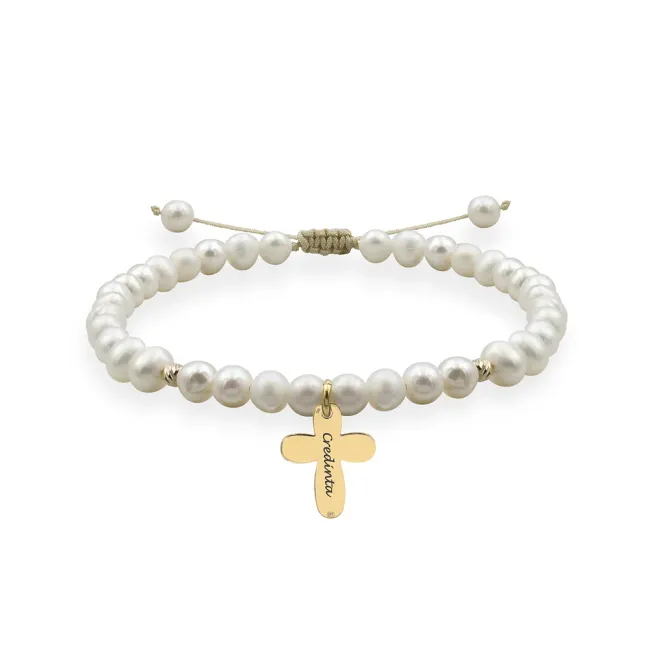 Bratara Aur 14K Premium dama, snur cu bilute, perle si cruce, personalizata (12 mm)
