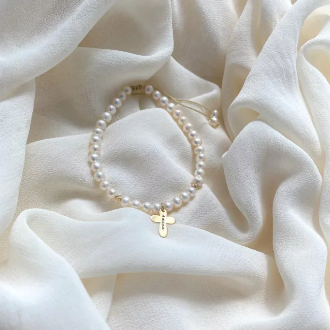 Bratara Aur 14K Premium dama, snur cu bilute, perle si cruce, personalizata (12 mm) picture - 3