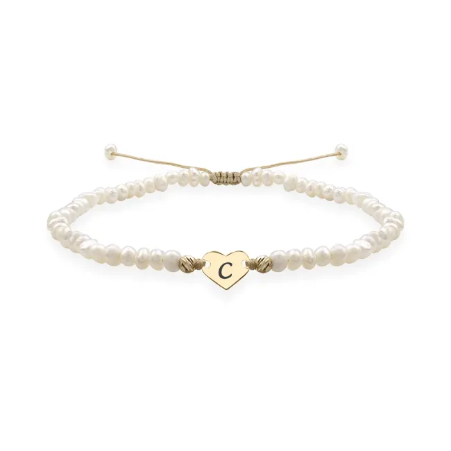 Bratara Aur 14K Premium dama, snur cu bilute, perle si inima, personalizata initiala (7 mm)