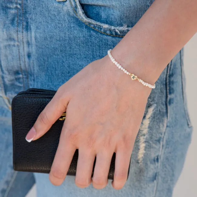 Bratara Aur 14K Premium dama, snur cu bilute, perle si inima, personalizata initiala (7 mm)