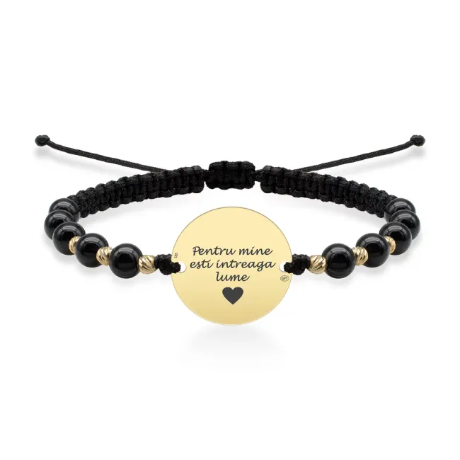 Bratara Aur 14K Premium dama, snur impletit cu onix si bilute, banut mediu, personalizata (15 mm)
