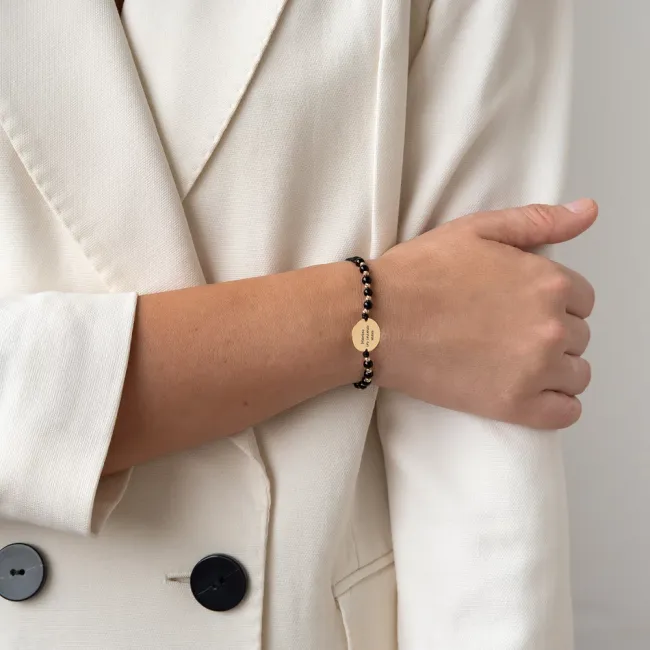 Bratara Aur 14K Premium dama, snur impletit cu onix si bilute, banut mediu, personalizata (15 mm)