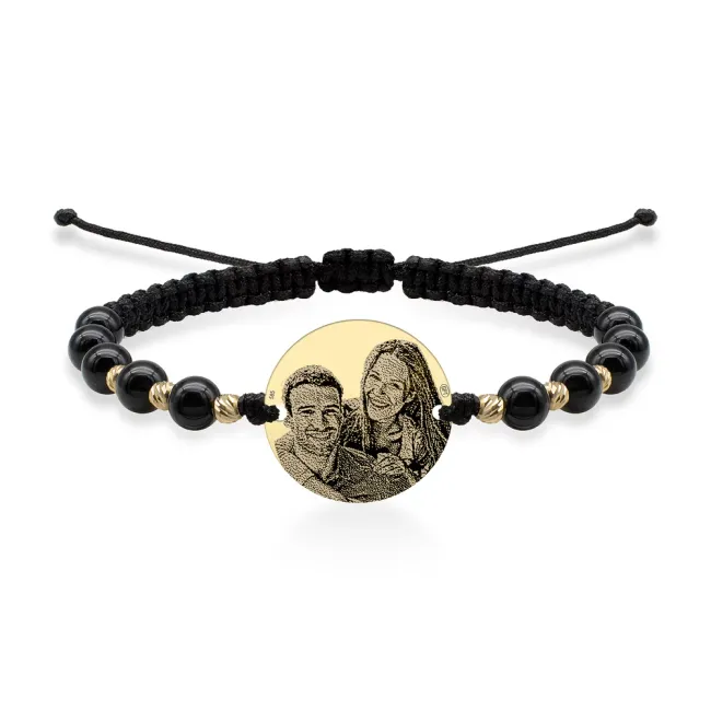 Bratara Aur 14K Premium de dama, snur impletit cu onix si bilute, banut mediu, personalizata cu poza (15 mm)