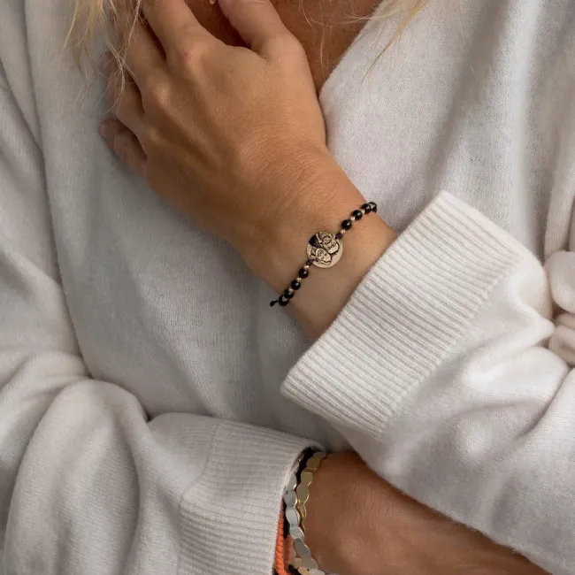 Bratara Aur 14K Premium de dama, snur impletit cu onix si bilute, banut mediu, personalizata cu poza (15 mm)
