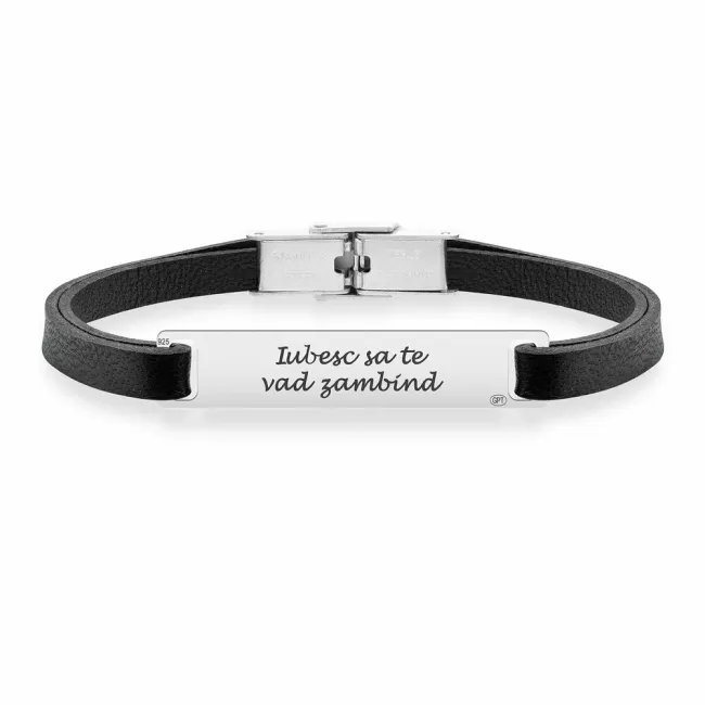 Bratara barbateasca Argint 925 Premium, piele si placuta 35 mm, personalizata (inchizatoare inox clips)