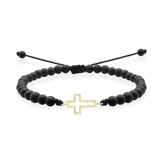 Bratara barbateasca Aur 14K Premium, reglabila - onix si cruce (12 mm)