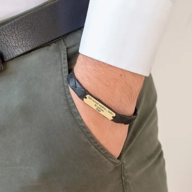 Bratara barbateasca eleganta piele Nappa placuta 33 mm personalizata gravura text Aur 14K Premium (inchizatoare inox)