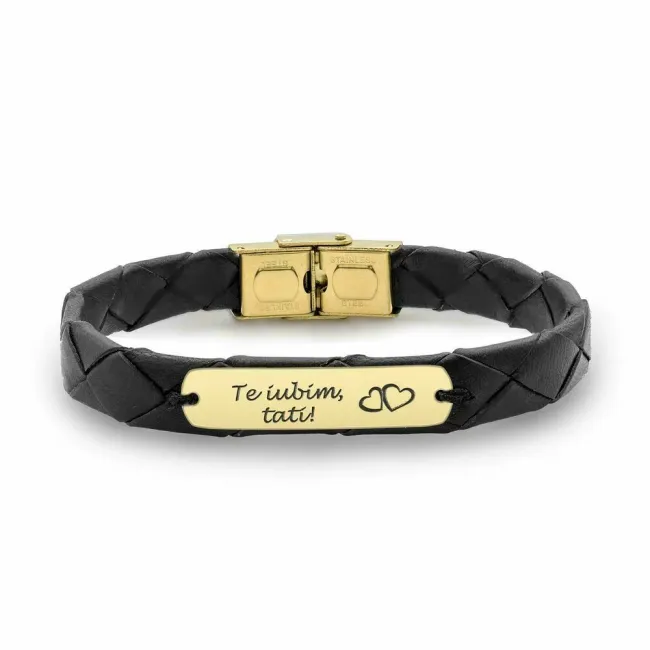 Bratara barbateasca eleganta piele Nappa placuta 33 mm personalizata gravura text Aur 14K Premium (inchizatoare inox)