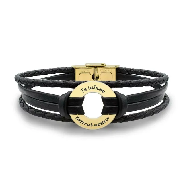 Bratara barbateasca mix piele cerc 20 mm personalizat gravura text Aur 14K Premium (inchizatoare inox)