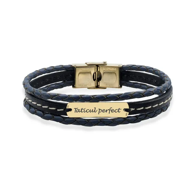 Bratara barbateasca mix piele cusuta si placuta 25 mm, Aur 14K Premium , personalizata (inchizatoare inox clips)