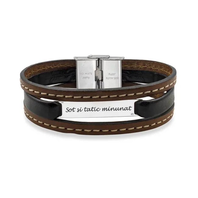 Bratara barbateasca mix piele cusuta si placuta 35 mm, Argint 925 Premium, personalizata (inchizatoare inox clips)
