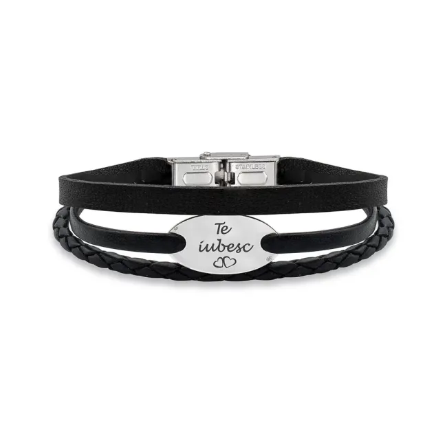 Bratara barbateasca mix piele, oval 22 mm, Argint 925 Premium, personalizata (inchizatoare inox clips)