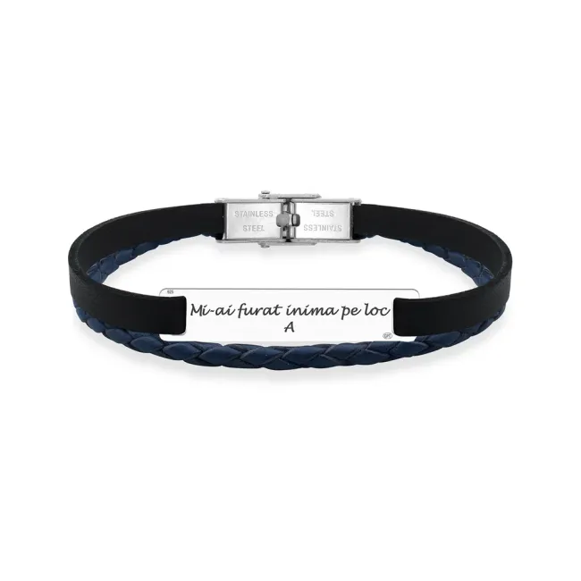 Bratara barbateasca mix piele si placuta 35 mm, Argint 925 Premium, personalizata (inchizatoare inox clips)