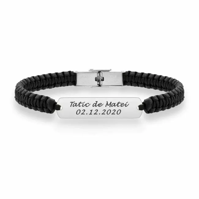 Bratara barbateasca piele impletita manual placuta 33 mm personalizata gravura text Argint 925 Premium (inchizatoare inox clips)