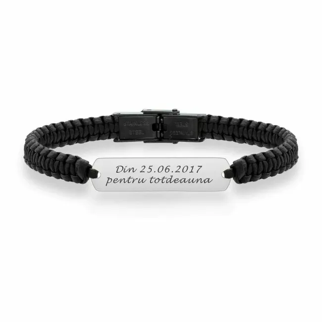 Bratara barbateasca piele impletita manual placuta 33 mm personalizata gravura text Aur 14K Premium (inchizatoare inox negru clips)