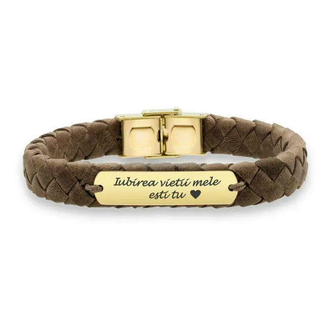 Bratara barbateasca piele lata impletita maro placuta 33 mm personalizata gravura text Aur 14K Premium (inchizatoare inox clips)