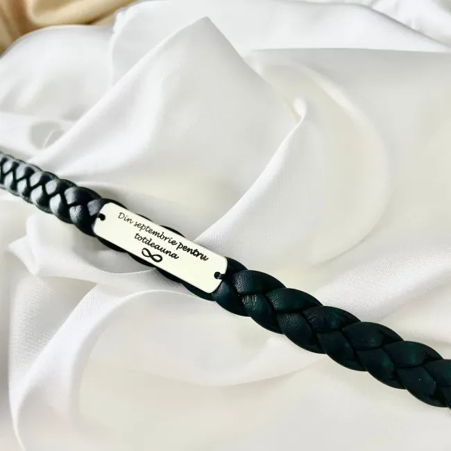Bratara barbateasca piele lata impletita placuta 36 mm personalizata gravura text Argint 925 Premium (inchizatoare clips inox) picture - 3