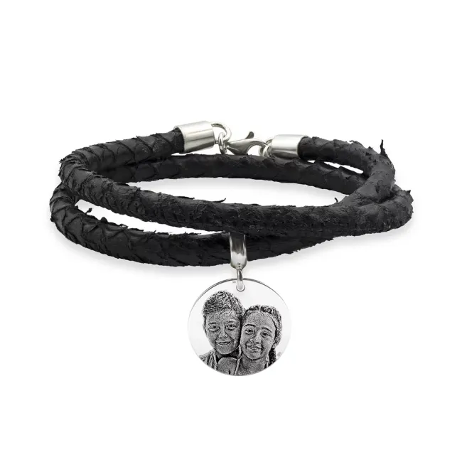 Bratara barbateasca piele tip sarpe si banut mare, Argint 925 Premium, personalizata cu poza (17 mm)