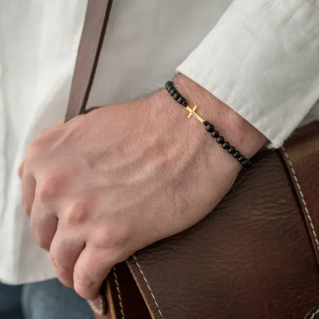 Bratara barbat din Aur 14K Premium, personalizata cu cruce mediu medie gravata (16 mm) picture - 4
