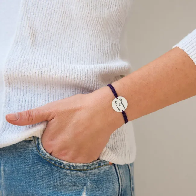 Bratara dama din Argint 925 Premium, cu snur reglabil si personalizata cu banut mare gravat (19 mm)